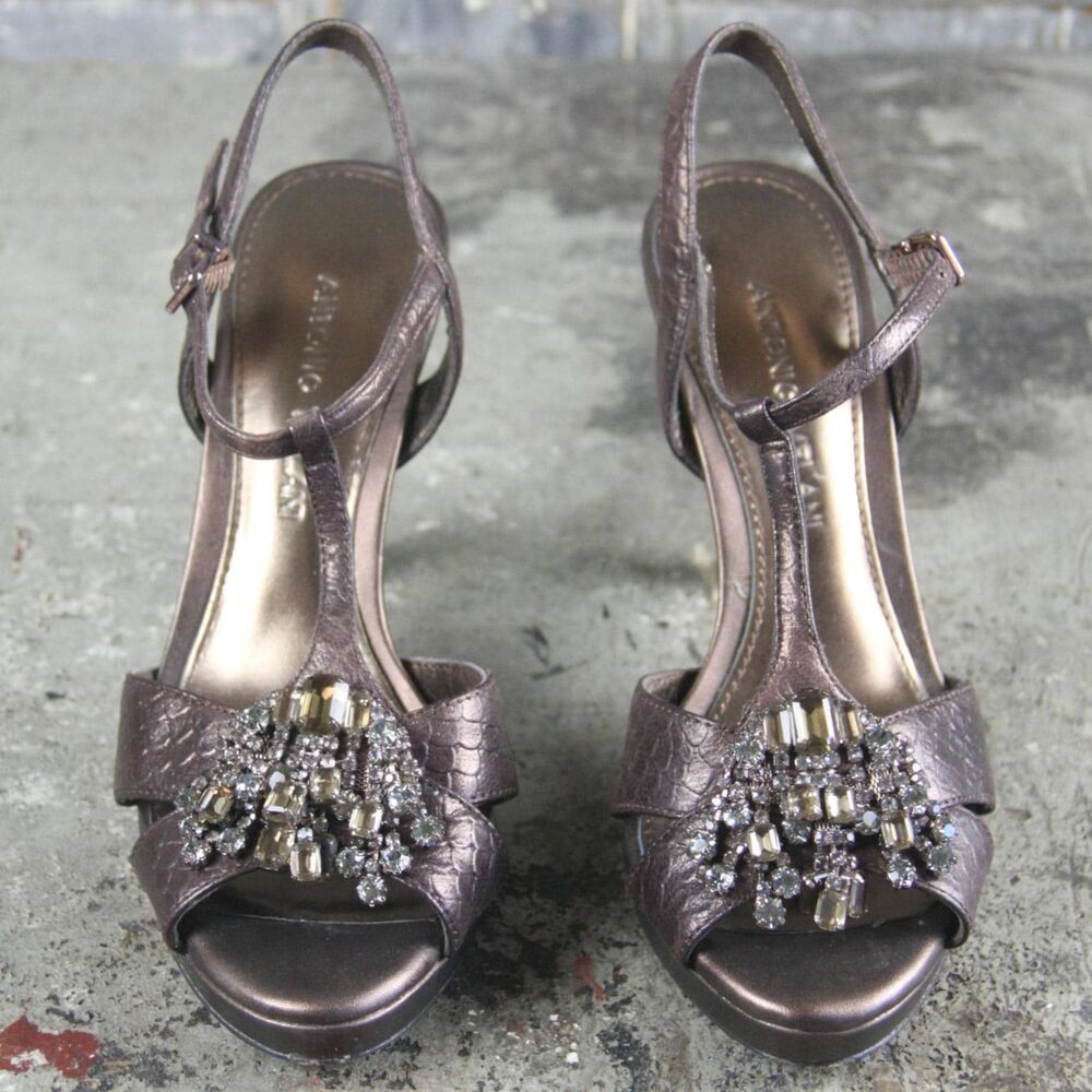 Antonio Melani Jeweled Open Toe T-Strap Leather 4" Heels, womens size 6M